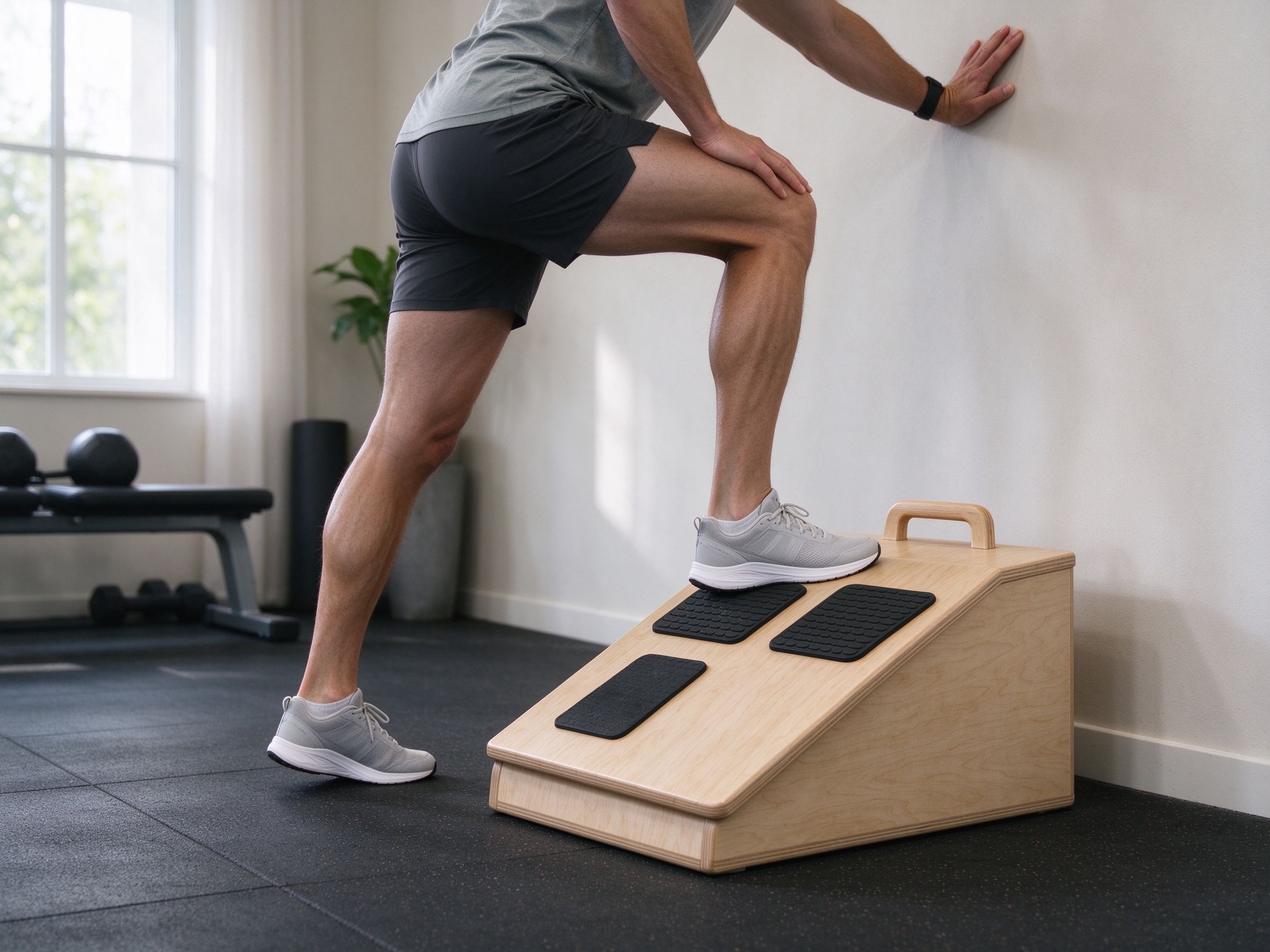 Person performing a calf stretch on the wooden slant board in a home gym